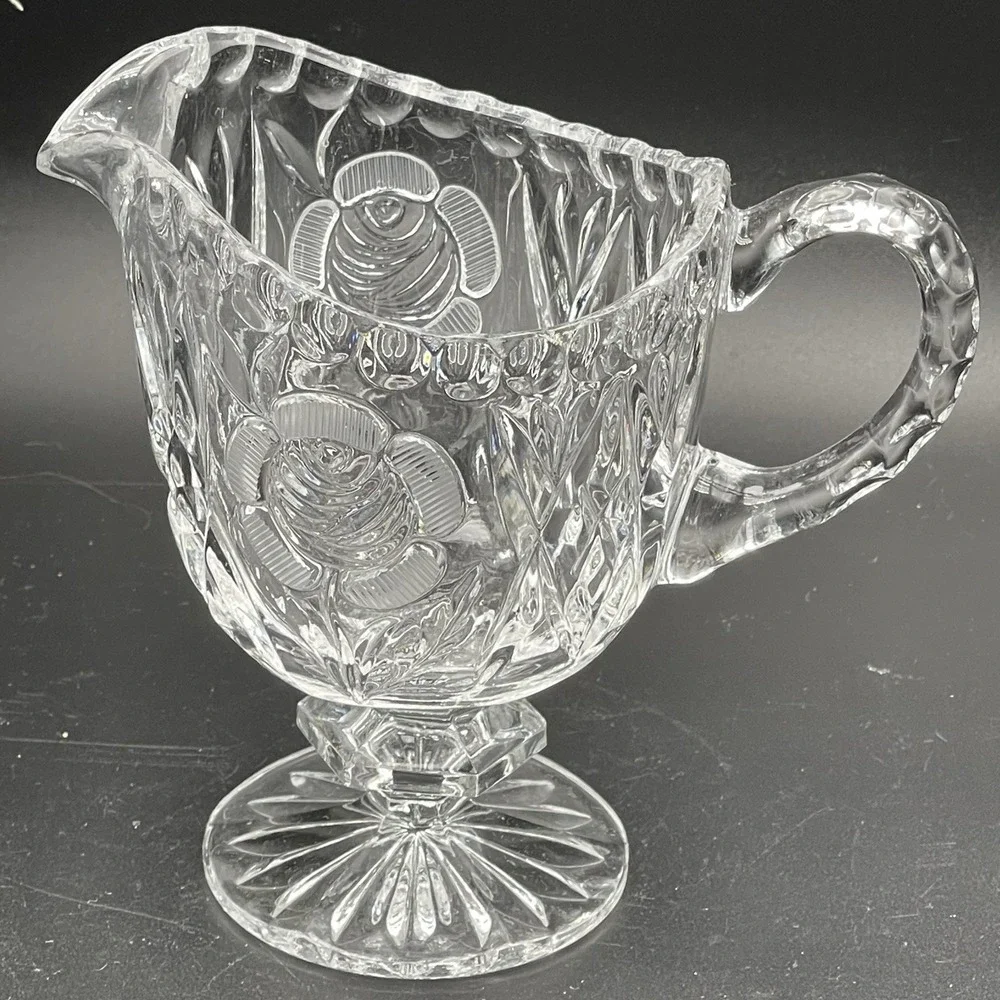 Vintage Imperial Glass Open Rose Clear Footed Creamer 5.25